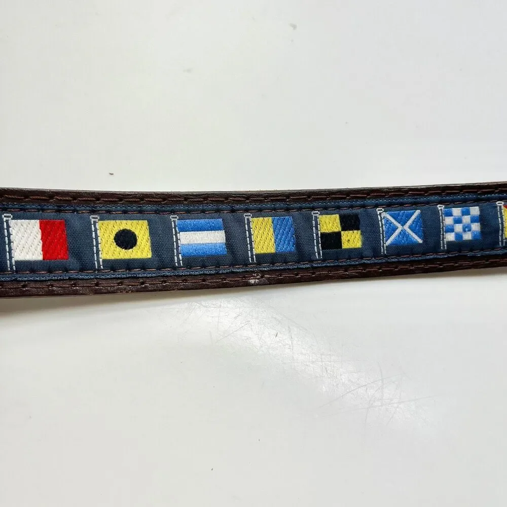 Vtg Pierre Carlini Mens Nautical Flag Blue Ribbon Brown Leather Belt Size 38 M